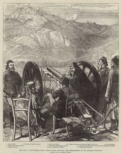 戦争、シプカ峠で、ロシア軍の砲撃を監視しているラオウパシャ 作： Sir John Charles Robinson